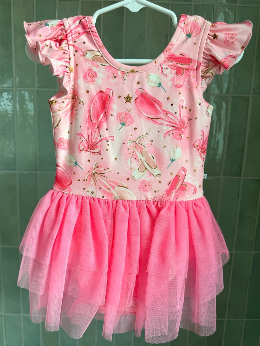 Pink Ballet Tutu Leotard for Kids - Floral Ballet Slippers Print